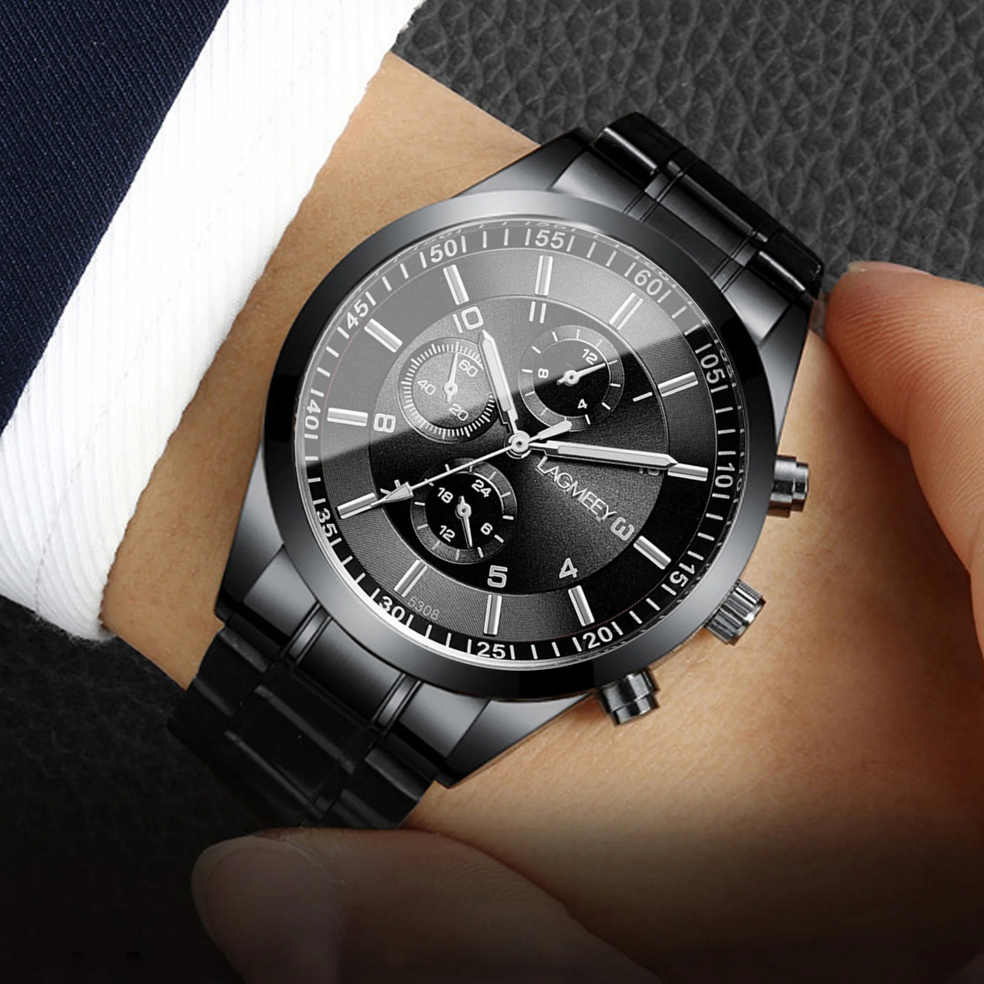 AL-148 النسخة الكورية طالب الرجال الذهب الأسود سوار فولاذي الرياضة مضيئة مقاوم للماء ثلاثة عيون تقليد ستة اليد ساعة سوداء