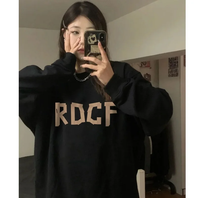 

Women's Clothing Solid Black Baggy Fleece Mid Length Version Vintage Pocket Letter Printing Sweatshirt Lazy Casual Hoodie Autumn