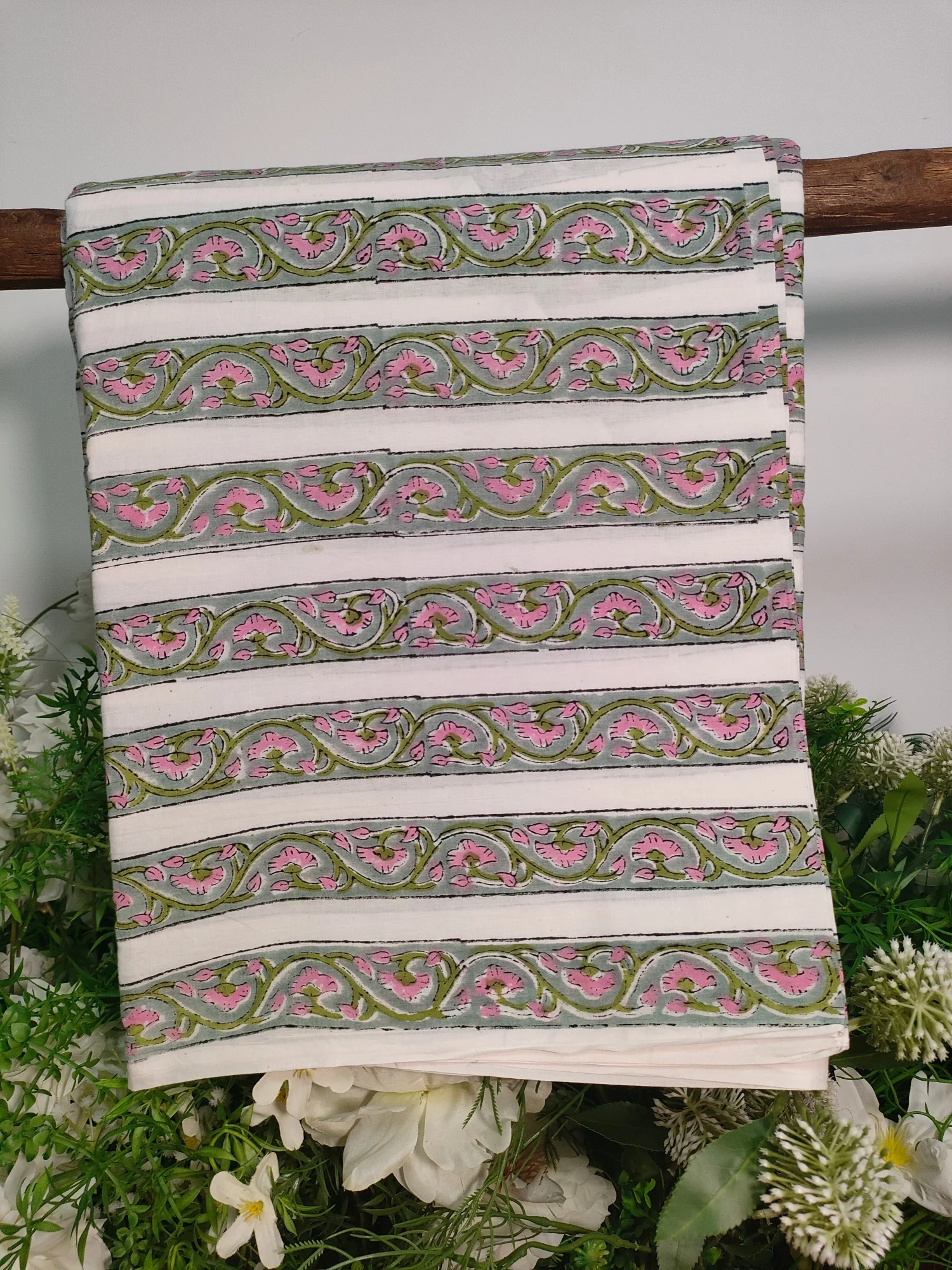 

India Hand Block Print Cotton Fabric Summer Striped Floral Design 100% Natural Dyed Eco-Friendly for DIY Home Decoration