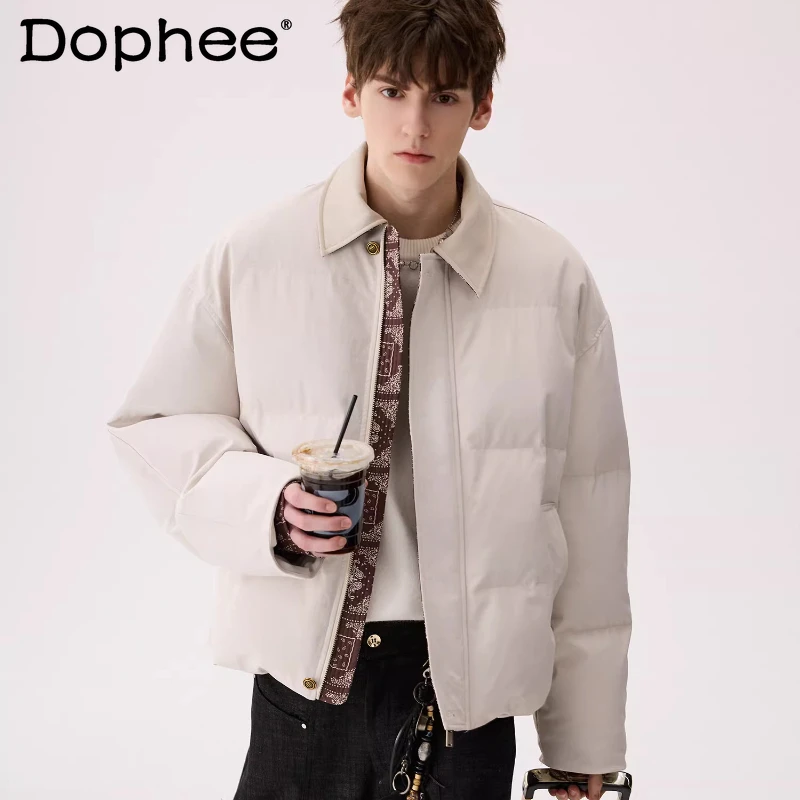 

Men's 2025 Winter New High Street Parkas Faux Leather Collar Splicing Long Sleeve Parkas Men's Stylish Trend Loose Comfort Coats