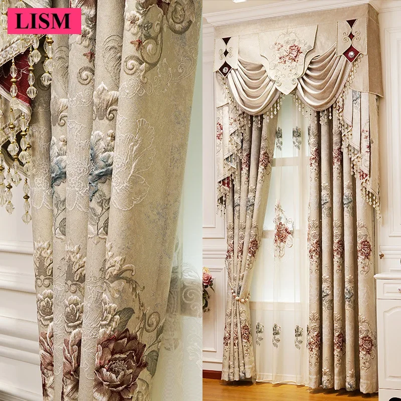 European Luxury Curtains for Living Room Bedroom Embossed High-end Flower Textured Beige Blackout Valance Tulle Custom New Cloth