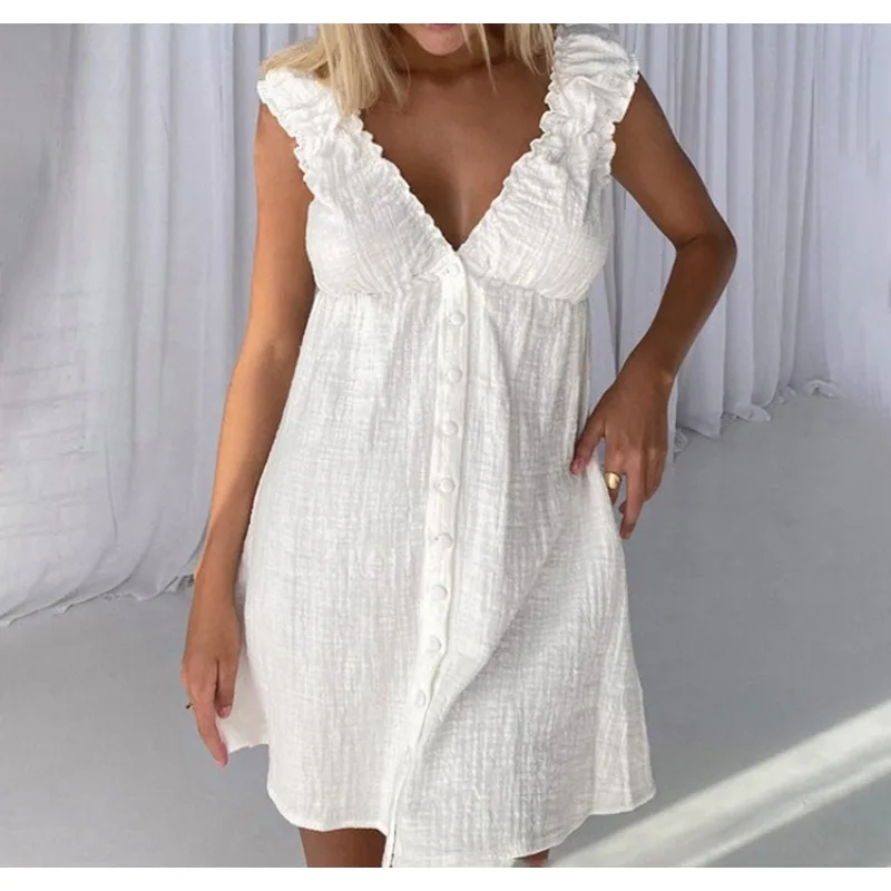 

French Design Pure Cotton White Women's Loungewear V-neck Loose Short Nightdress