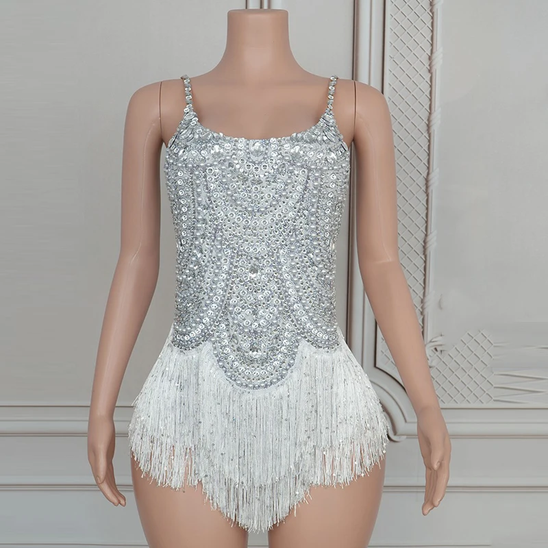 Sparkly Blue Rhinestones Tassels Bodysuit Bar Nightclub Dj Ds Stage Outfit Dress Women Drag Queen Costume Gogo Dance Wear XS8714