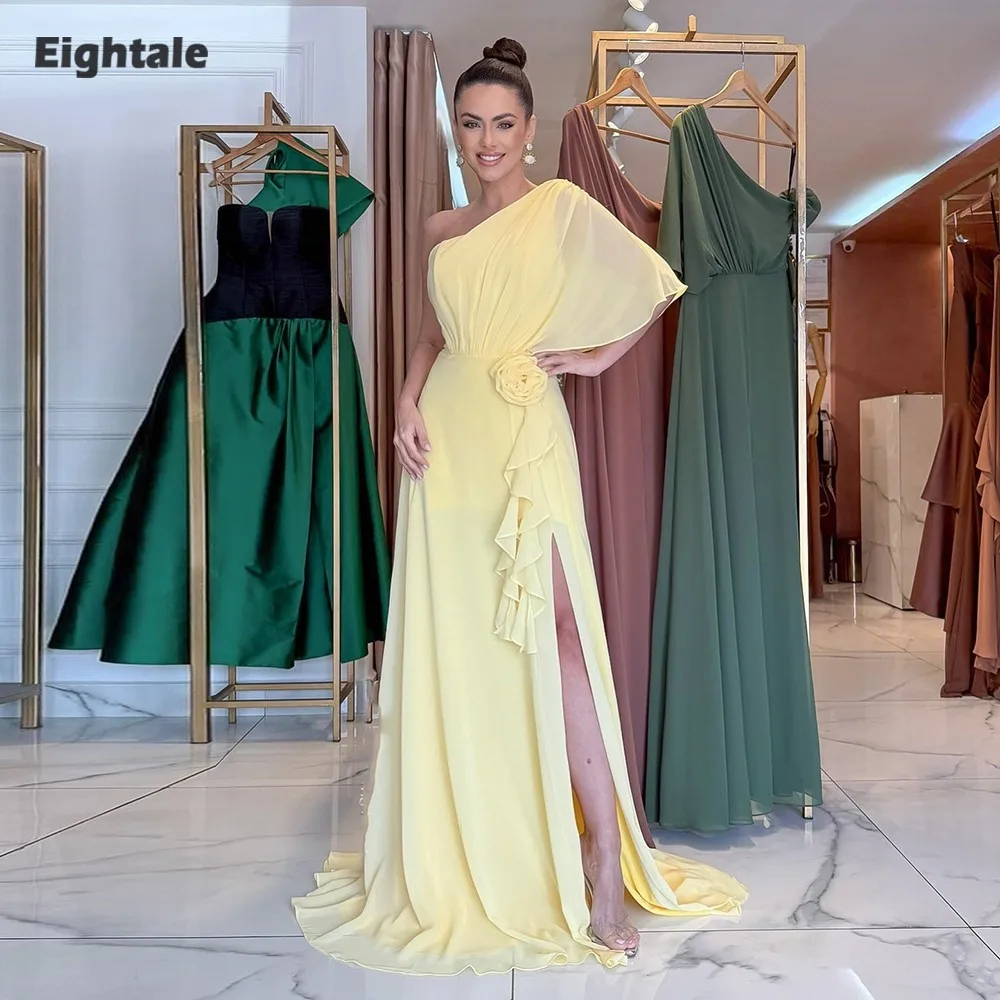 Eightale Arabisches Abendkleid mit einer Schulter, maßgeschneidert, Chiffon, gelb, 3D-Blumen, bodenlang, A-Linie, Abschlussball, Hochzeit, Partykleid