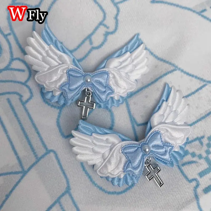 Women's Harajuku Steampunk Handmade Headwear Subculture Angel Cross Edge Clip Headpiecee Blue Girls Lolita Y2K Gothic Hairpins