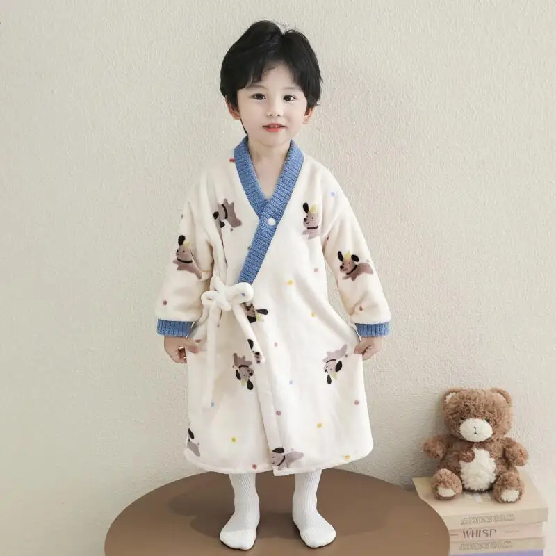 

2025Children's boys' nightgown winter Flannel Pajama Set coral velvet thickened warm lace-up cartoon printed Loungewear Bathrobe