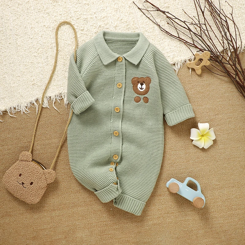 

Детский комбинезон-ромпер вязаный для новорожденных девочек и мальчиков, 0-18 месяцев, с милым медвежонком, модный, с отложным воротником, комбинезон-песочник, с длинным рукавом, детская одежда
