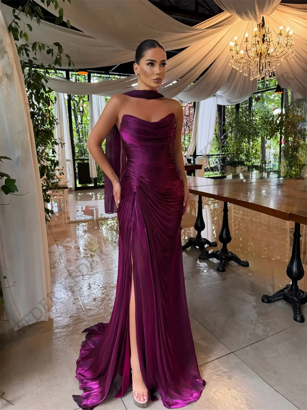 Dubai Woman Evening Dresses For Events Luxurious Shiny Chiffon Side Slit Special Occasion Prom Gowns Customized réveillon - view 3
