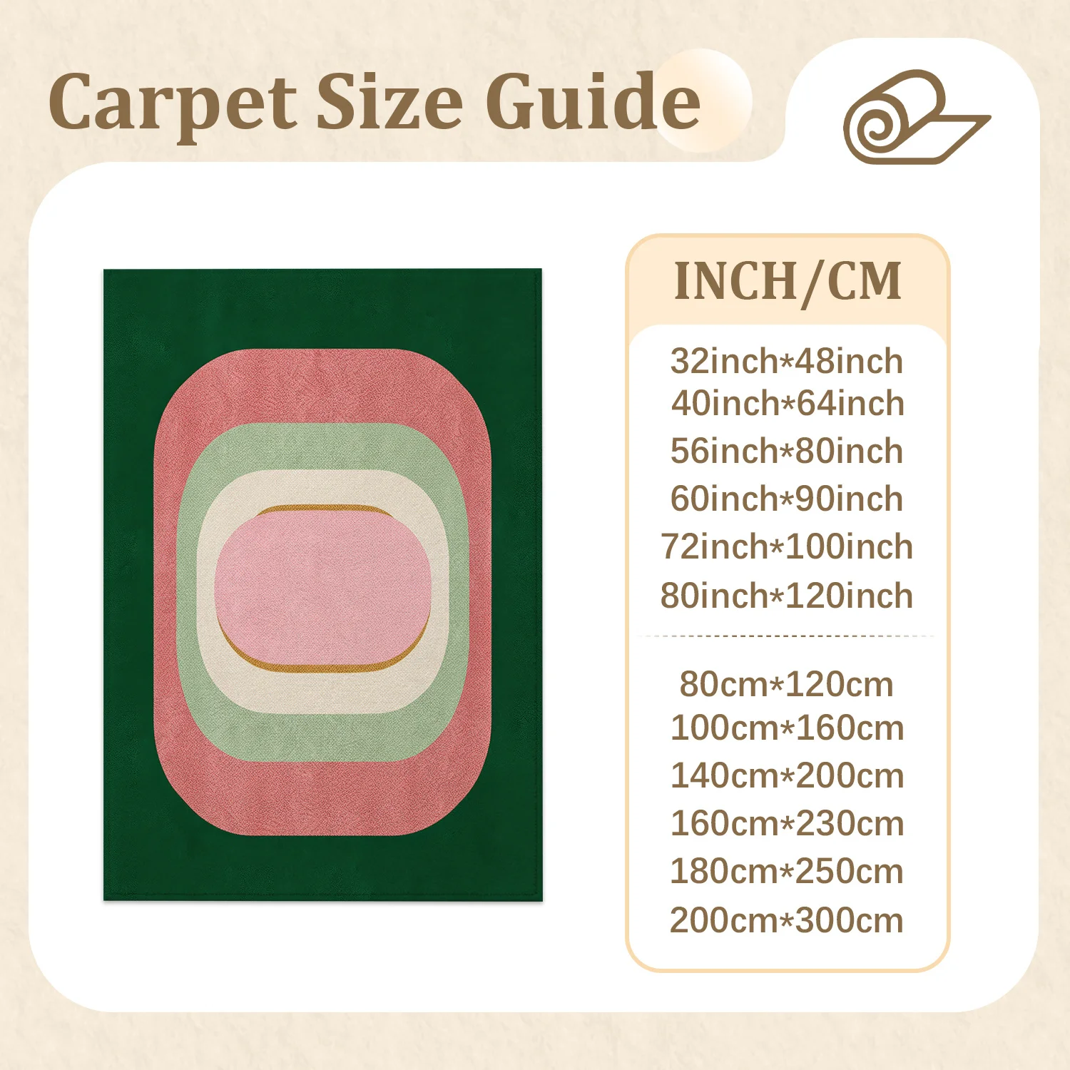 Large Indoor Area Rug Soft Velvet Low Pile Non-Slip Dotted Backing Machine Washable Retro Concentric Oval Geometric Accent Rug for Living Room Bedroom Blush Pink Sage Green Cream Modern Home Floor Decor