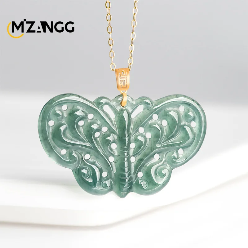 Natural Jadeite Blue Water Butterfly Pendant 18K Gold Inlaid Hollow Exquisite Ancient Style Ice Jade Necklace Ladies Gift