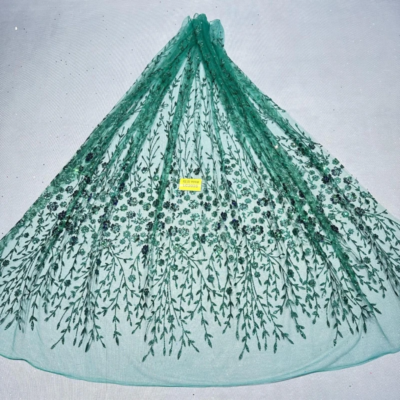 

Dark Green Hot Sale Fadhion Africa Glitter Fabric Embroidery Net Lace Glued Glitter Sequins Wedding Party Spray gold Tull fabric