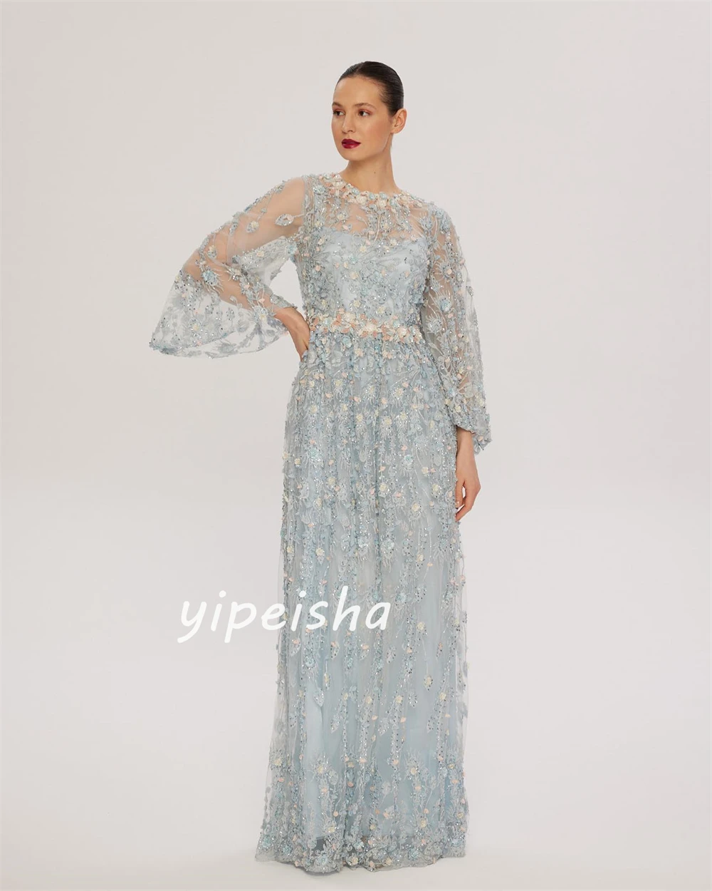 Lace Sequined Flower Beading Ruched Birthday A-line High Collar Bespoke Occasion Gown Long Dresses