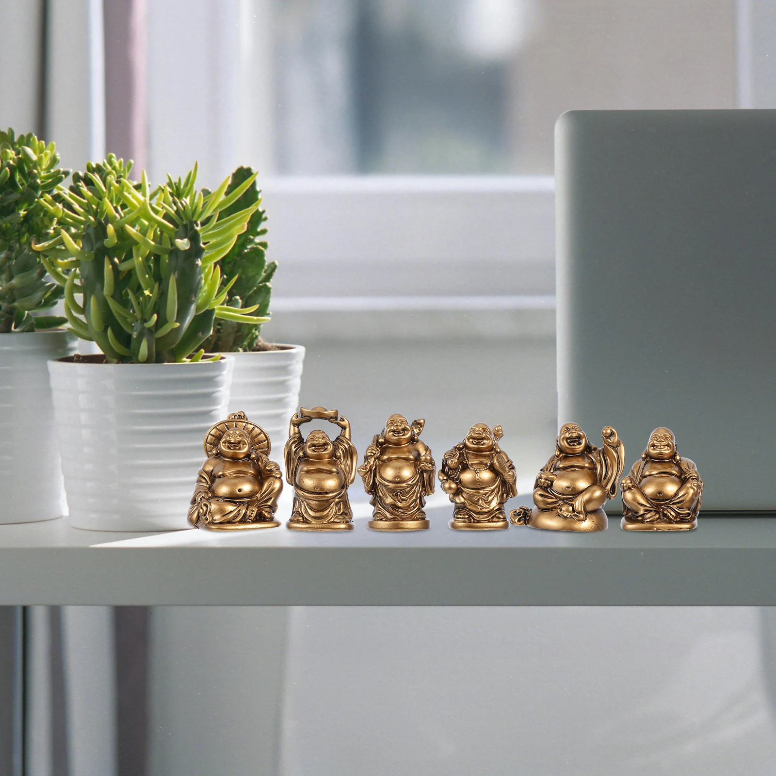 

6Pcs Resin Laughing Buddha Statue Symbol of Happiness Health Fortune for Zen Decor Tranquility Office Desk Shelf Display