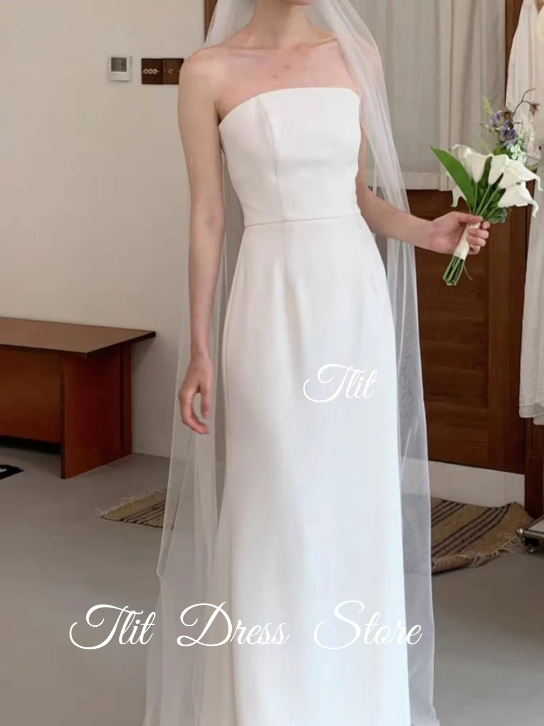 TLIT فستان زفاف أنيق من الساتان الأبيض المطاطي على شكل حرف a مخصص بدون حمالات مشد فستان زفاف كوري فستان الزفاف صور تبادل لاطلاق النار