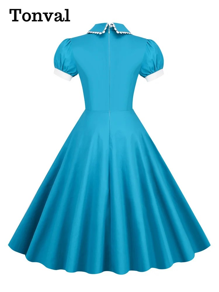 Tonval Peter Pan Collar Puff Sleeve Turquoise Cotton Dresses Women 2024 Elegant Solid Vintage Style Pockets Midi Dress