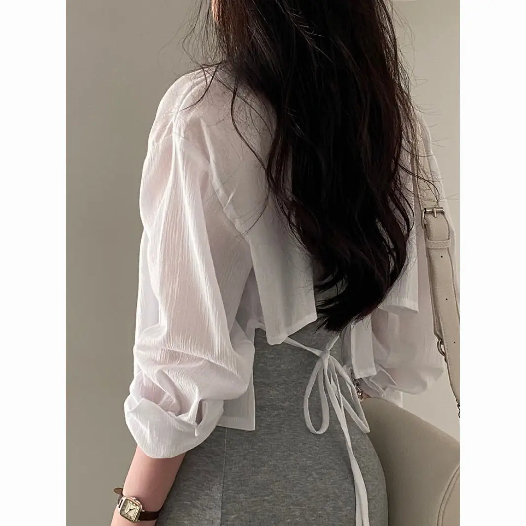 

Summer New Korean Chic Long-Sleeve Chiffon Sun Protection Shirt Design Design Back Strap Backless Short Shirt for Women Z964