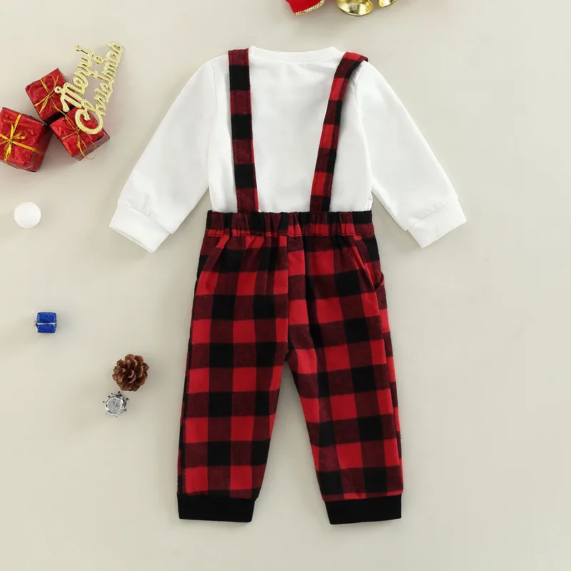 Newborn Baby Boy Clothes Pants Suit Fall Winter Gentleman Long Sleeve Round Neck Bow Shirt Plaid Print Suspender Trousers