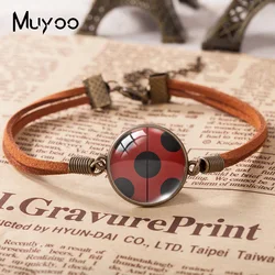 2022 New Ladybug Flower Panting Leather Bracelet Round Glass Dome Photo Bracelets Handmade Jewelry For Women