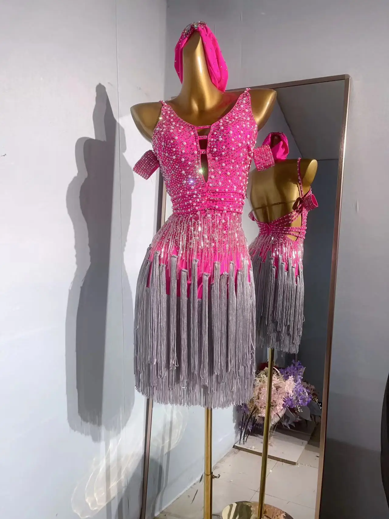 라틴 댄스 전문 의류 다이아몬드 카차 탱고와 맞춤형 두꺼운 Tassels 성인 표준 무대 전문 의류