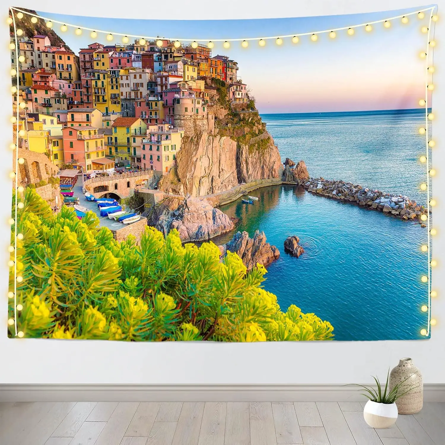 Italy Tapestry Village Town Italian Mediterranean Coastal Landscape Tapestry Europe Landmark Wall Hanging for Dorm Room Decor