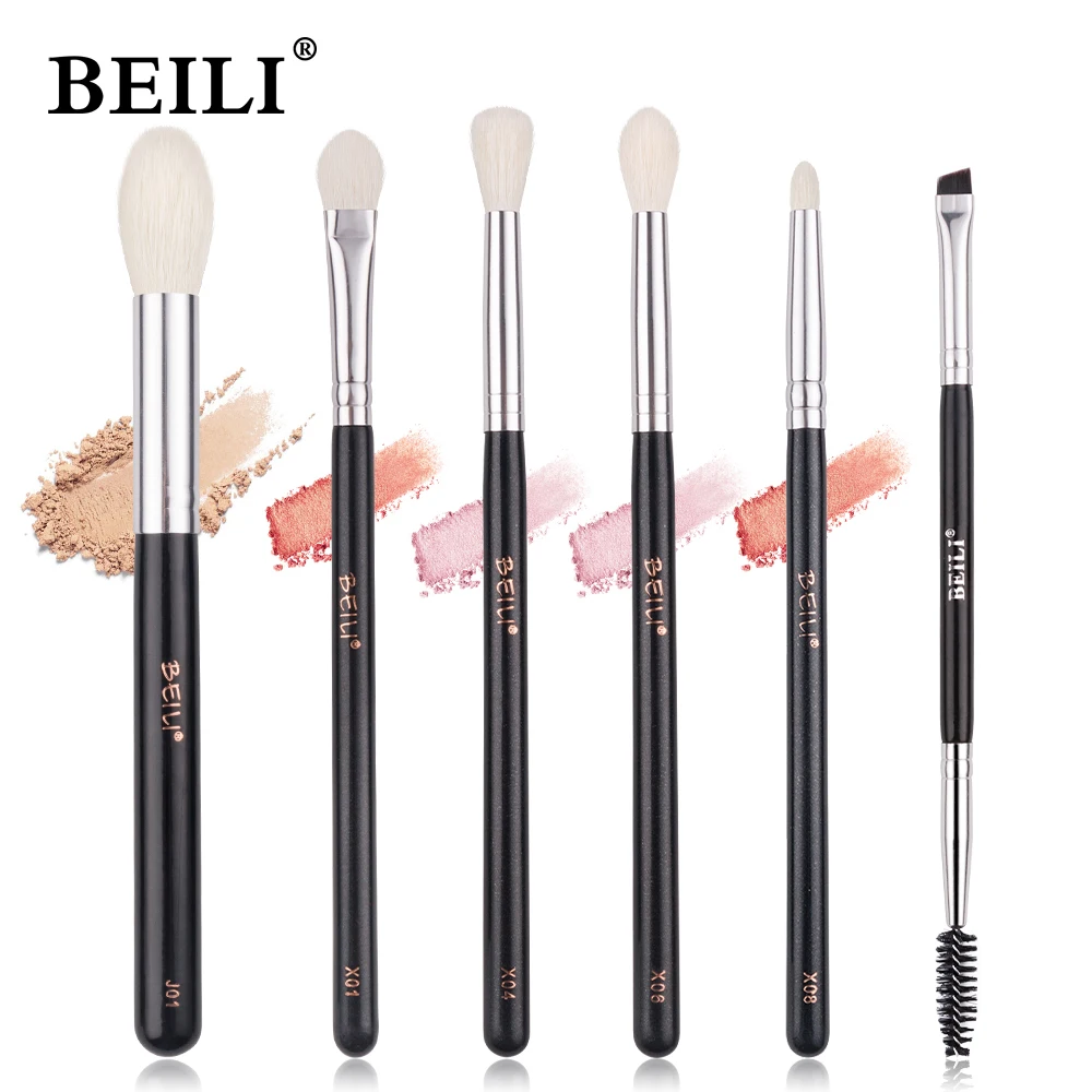 BEILI-brochas de maquillaje profesionales, 6 piezas, pelo de cabra Natural negro, Kit de pinceles para mezclar sombras de ojos, herramienta de maquillaje para cejas y pestañas