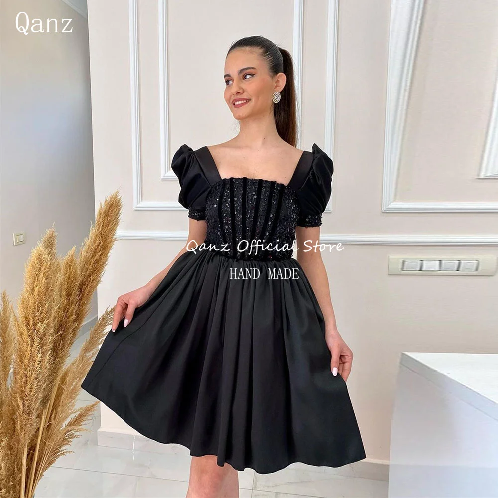 

Qanz Black Cap Sleeves Prom Dresses Black Satin Sequined Short A Line Birthday Dresses Luxury 2024 Lace Up Back Cocktail Dresses