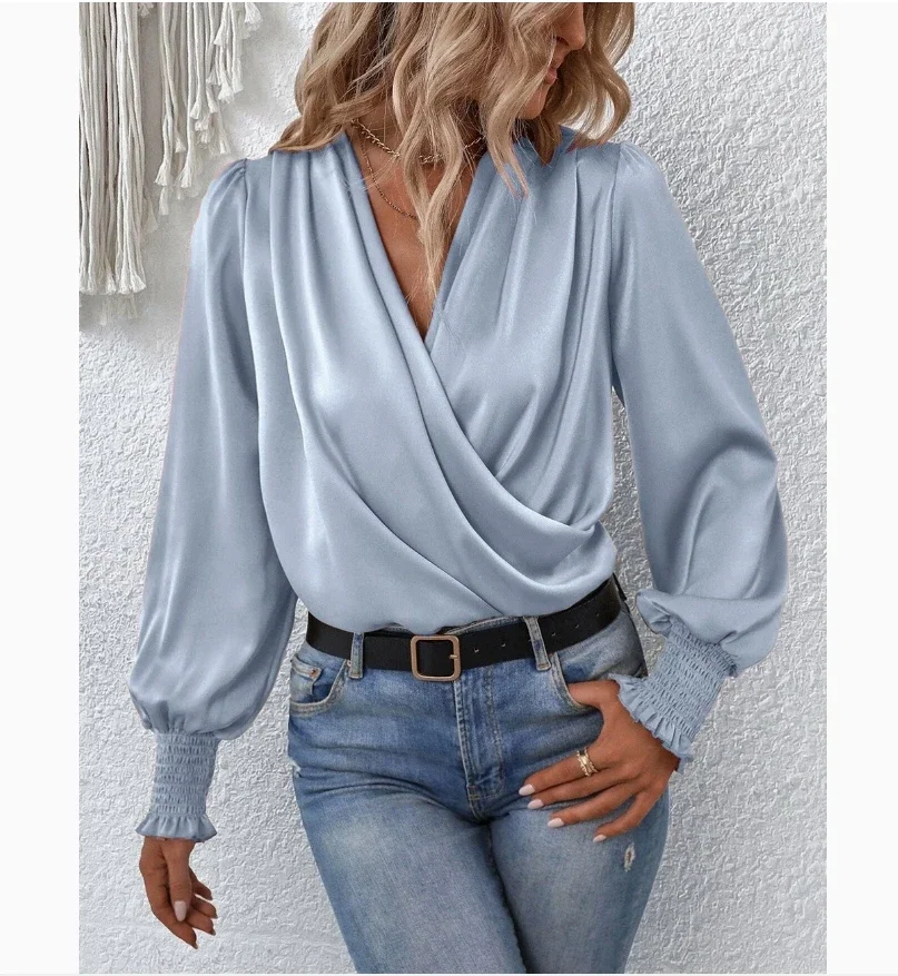 

Women Spring Summer Shirt Solid Color V Neck Long Sleeve Casual Sexy Elegant Fashion Comfortable Regular Standard Sheath Shirt