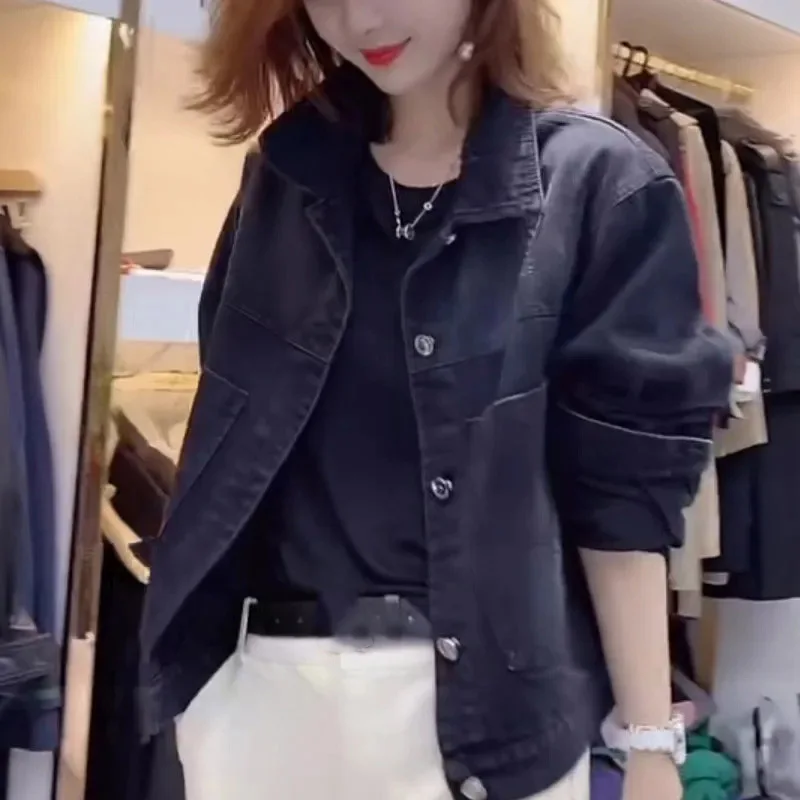 Korean Ladies Washing Long Sleeves Denim Outwear 2024 Female Flip Collar Printing Jeans Jacket Spring Loose Fitting Cowboy Coat