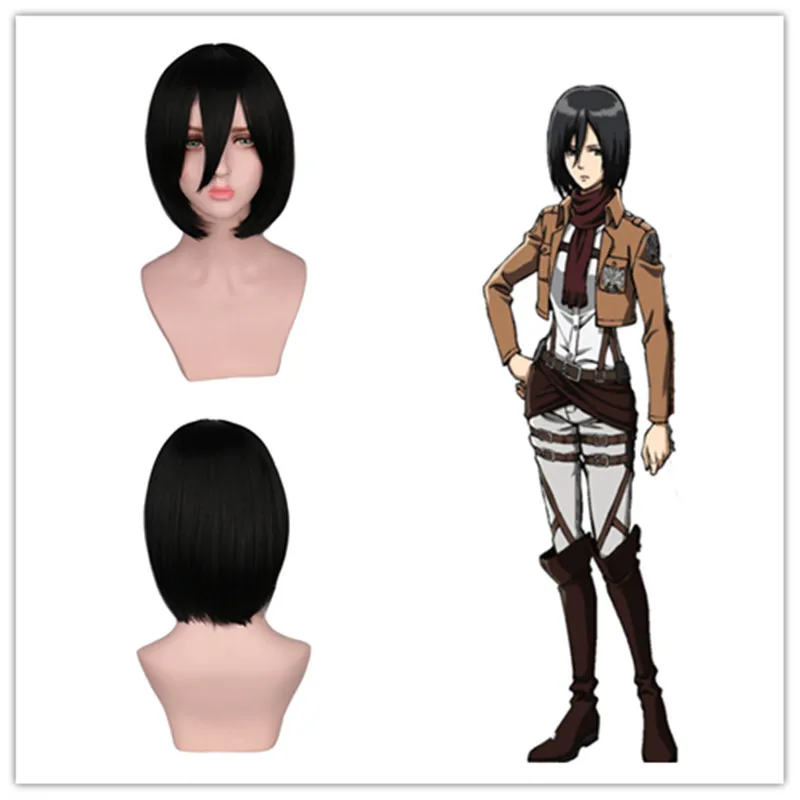 Attack on Titan Cosplay Wigs Mikasa Ackerman Black Short Straight Carve Bangs Bob Synthetic Wig Straight Synthetic Wigs