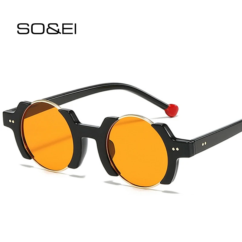 SO i EI Ins popularne modne okrągłe damskie okulary przeciwsłoneczne w stylu punkowym Retro nity mężczyźni modne żółte niebieskie okulary przeciwsłoneczne gradientowe odcienie UV400