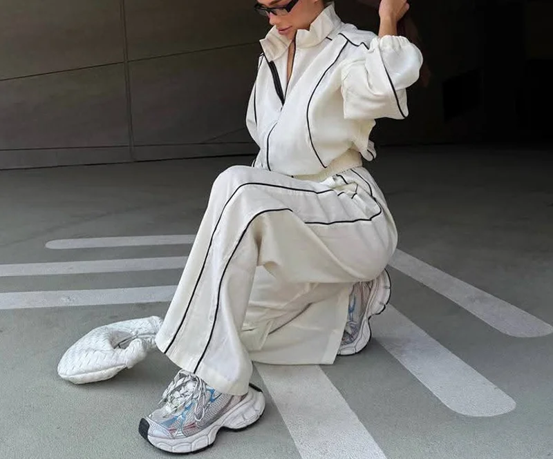 Lady White Contrast Piping Zip Up Stand Collar Track Jackets Loose Long Sleeve Casual Sport Set 2026 Autumn Street Fashion Wear