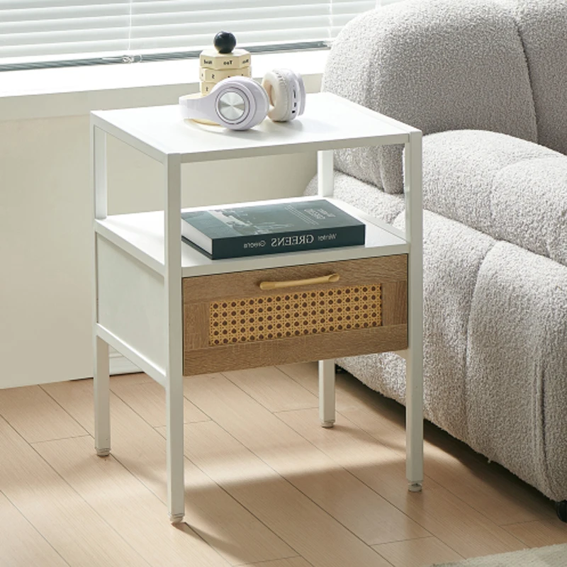 15.75" Rattan End table with drawer, Modern nightstand, metal legs,side table for living room, bedroom,white