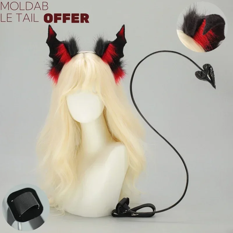 

New Hot Handmade Halloween Dark Bat Ear Headpiece Comic-Con Moldable Devil Tail Set Night Club Sweetheart Bat Tail Cosplay Pros