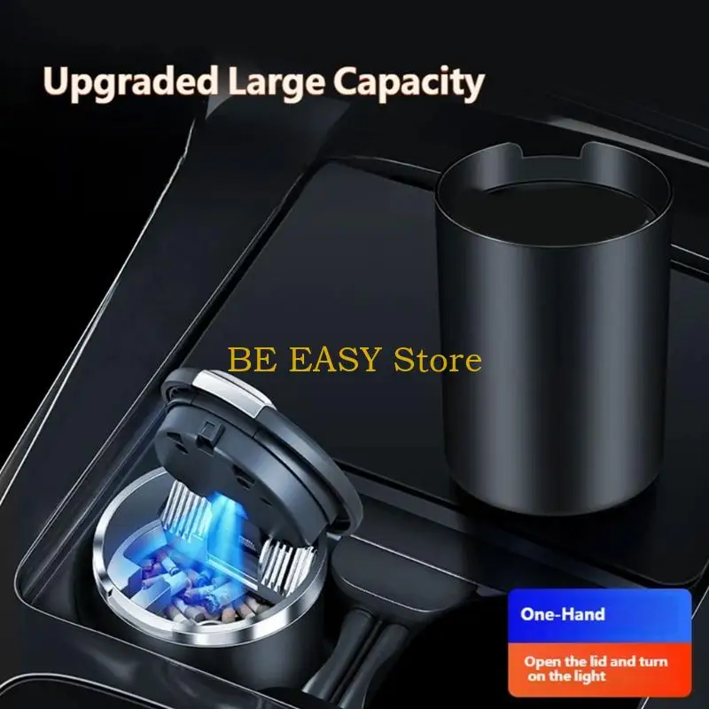 E28F Daily Commuting Car Ashtray with Lid, Small-Profile Covered Ashes Cup with Ceramic Inner Cup for Vehicle Cup Slot Placement
