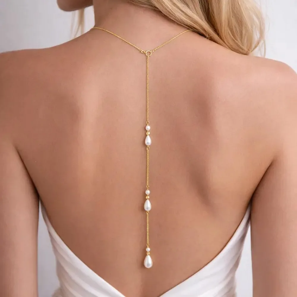 Pearl Back Necklace for Women Long Drop Body Chain Sparkly Elegant Chic Glam Minimalist Party Jewelry Gift Box Packaging