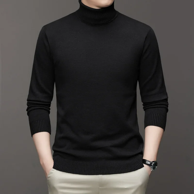 เสื้อสเวตเตอร์คอเต่าแขนยาวทรงเข้ารูปสำหรับผู้ชาย ผ้าถักคุณภาพสูง ไม่เป็นขุย สีพื้น เสื้อพูลโอเวอร์แฟชั่น เสื้อผ้าผู้ชายทันสมัย