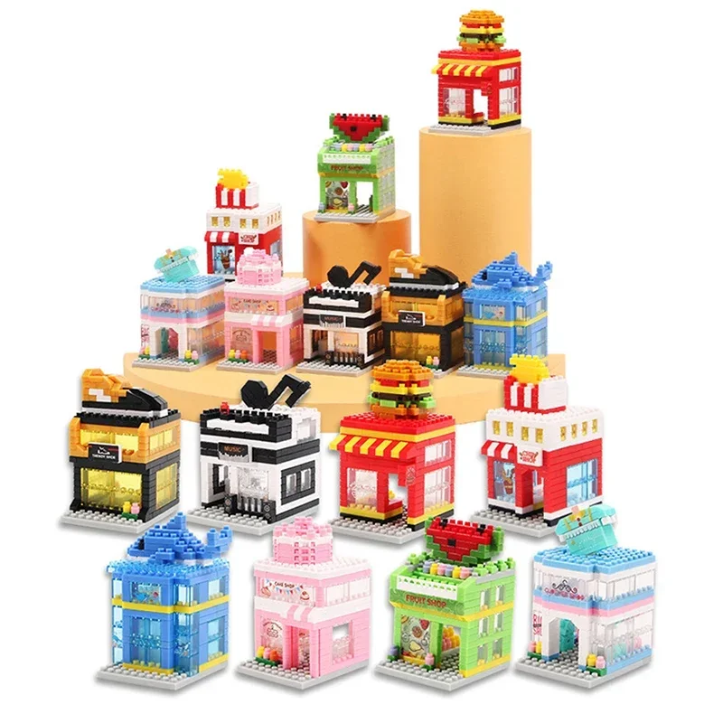 City Mini Architecture Street View Model Building Blocks Cake Shop Aquarium Store For Kids Shop Market Creative Assembly Toys