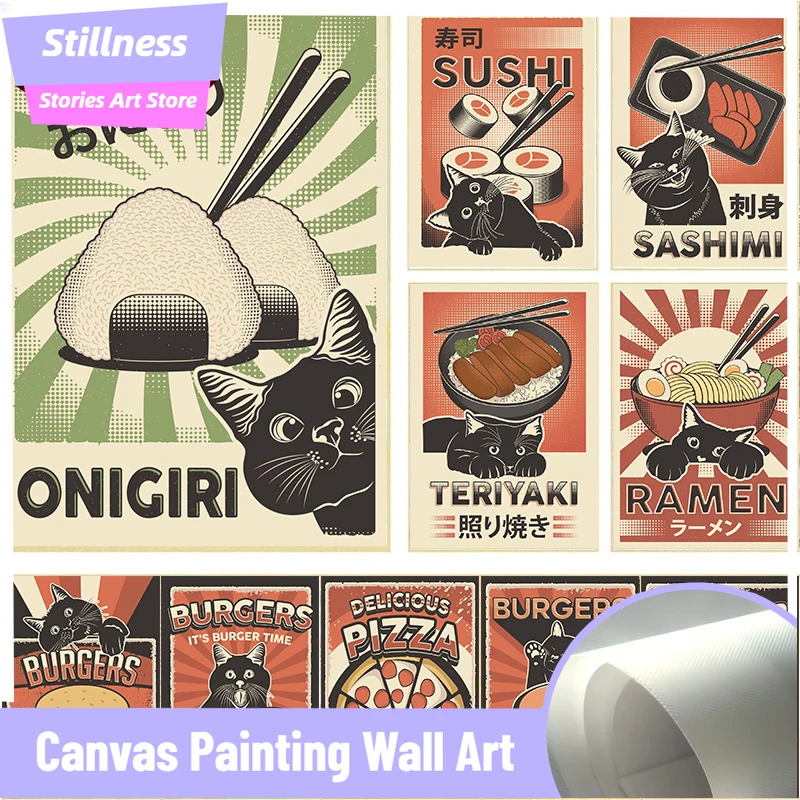 Póster Divertido de Gato Negro con Comida Japonesa, Sushi, Ramen, Sashimi, Teriyaki, Pintura en Lienzo de Animal Lindo y Delicioso, Decoración de Pared para Cocina