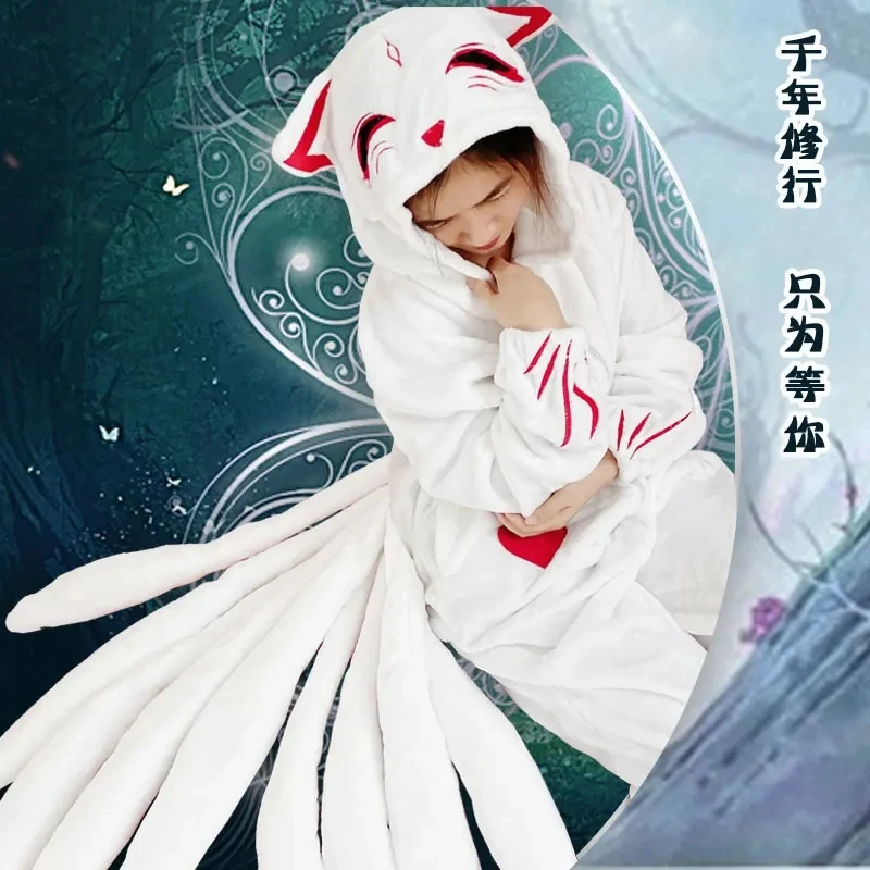 Anime Cosplay Pajamas Unisex Fox White Pajamas Cosplay Costume Adult Men Women Jumpsuits Cartoon Winter Flannel Home Sleepwear