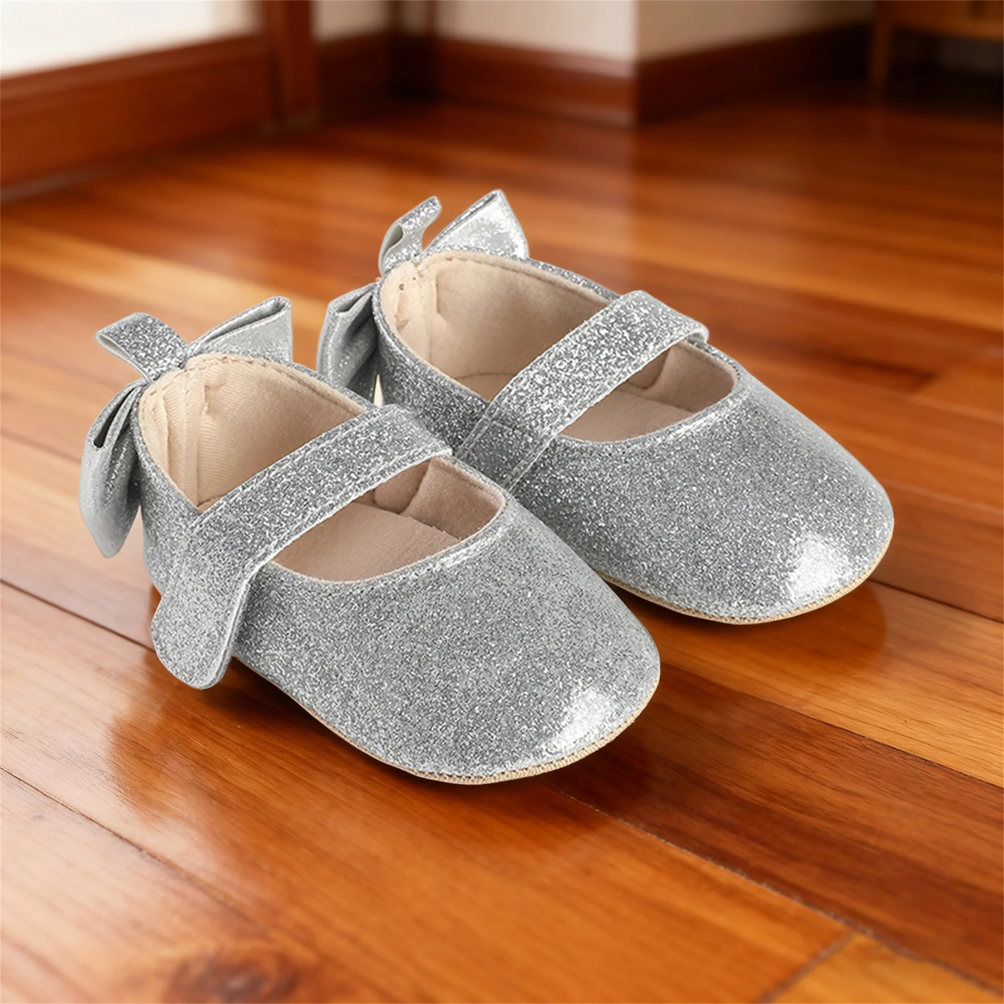 

Infant Girls Sparkly Mary Jane Shoes Lightweight PU Leather Non-slip Sole First Steps Shoes for Baby Girls