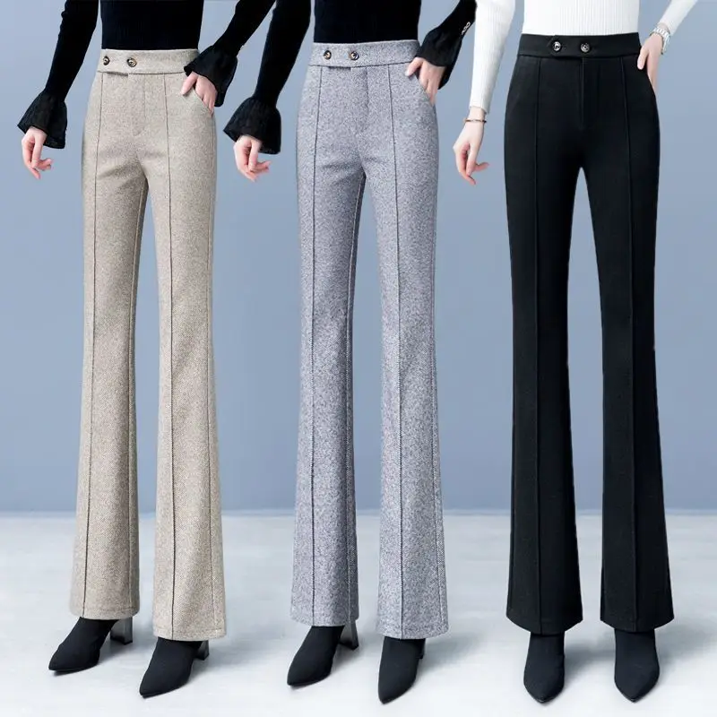 

2023 New Autumn Winter Plush Thicken Suit Pants Casual High Waist Slim Flare Pants Elegant Zipper Warm Women Straight Pants