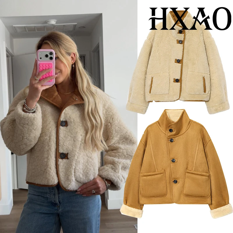 

HXAO женская куртка из искусственной овчины, укороченное зимнее флисовое плюшевое пальто, замшевая куртка с длинными рукавами, овечья плюшевая куртка