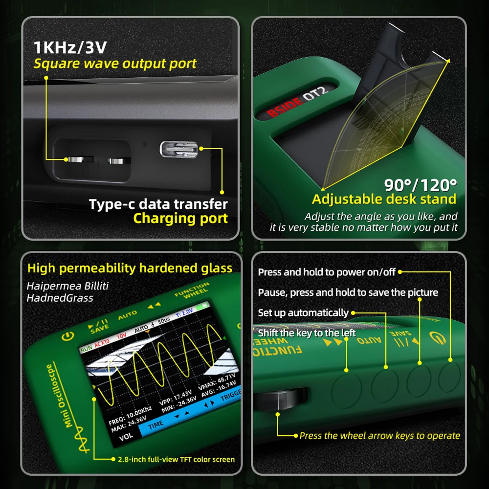 Imagem -04 - Bside-gerador de Sinal Digital Portátil Osciloscópio Sampling Rate Eletrônica Repair Tool Tester Gráfico 10mhz 48msa s 2in 1