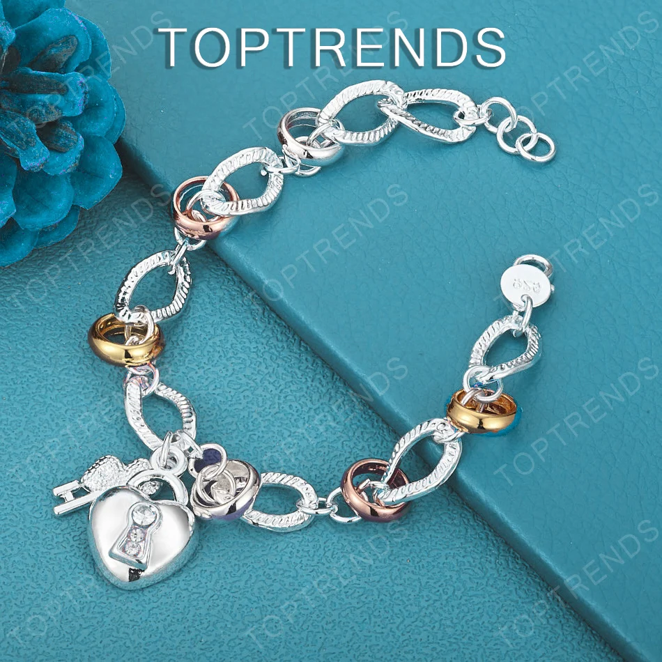 Bezauberndes 925 Sterling Silber Herzschloss-Schlüssel-Armband Modischer Klassischer Zirkon-Schmuck Geschenk-Accessoires für Frauen Weihnachtsfeier