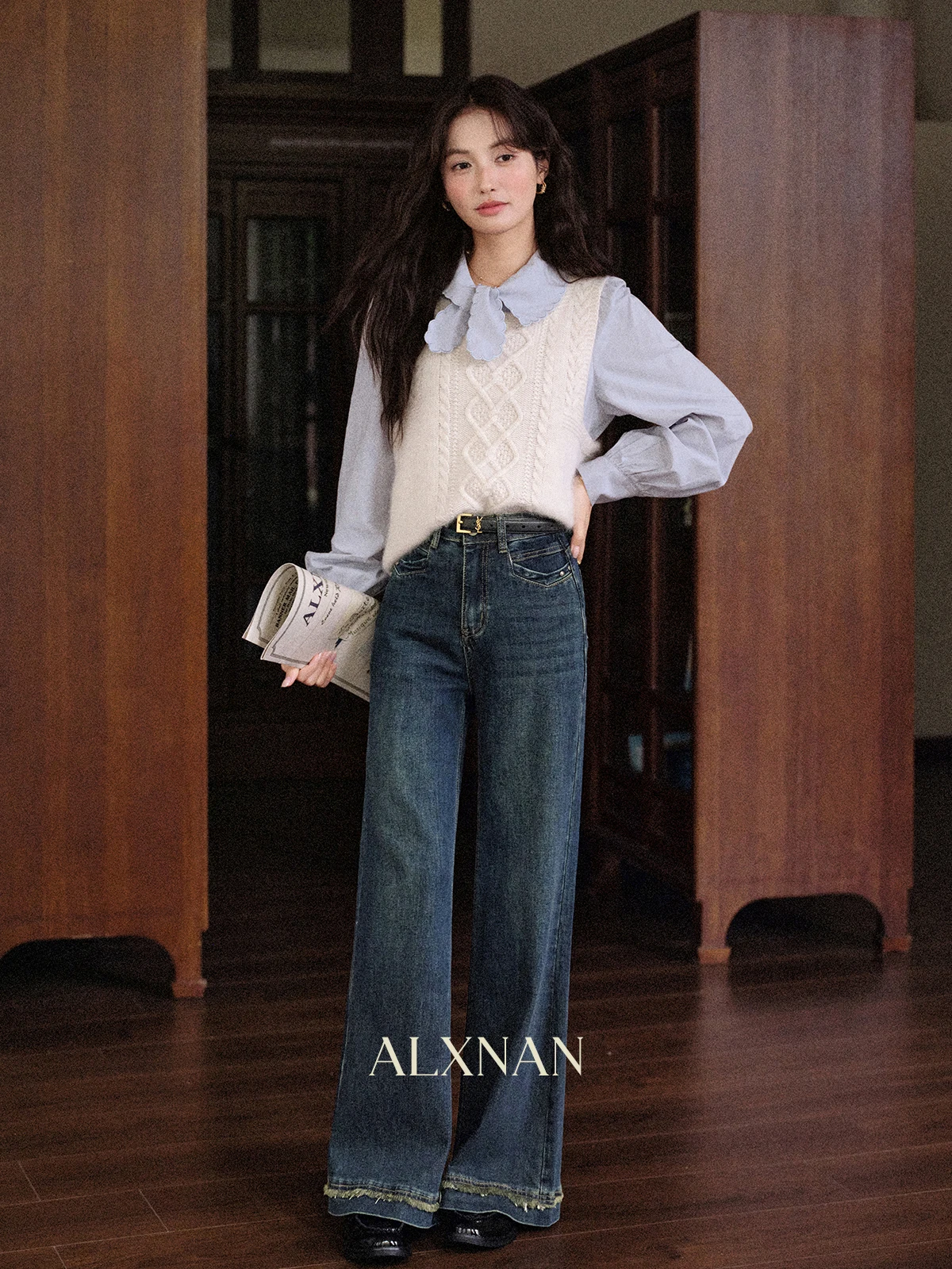 

ALXNAN Blue Vintage Wide-leg Jeans High-waist Straight Cotton Women's Baggy Jeans 2025 Autumn Office Lady Denim Pants L57019