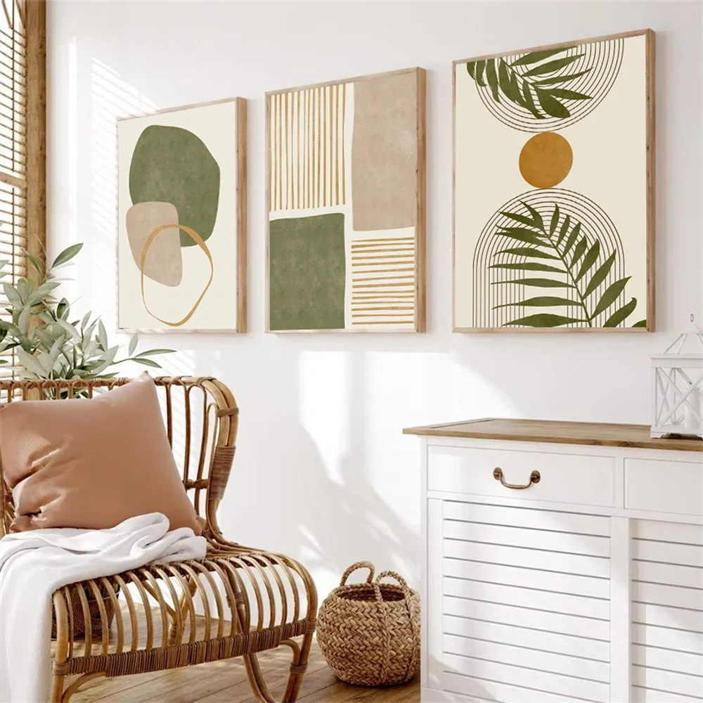 

Simple Boho Green Canvas Print Posters Tropical Leaves Abstract Shapes Illustrations Wall Art Painting Modern Picture Home Decor