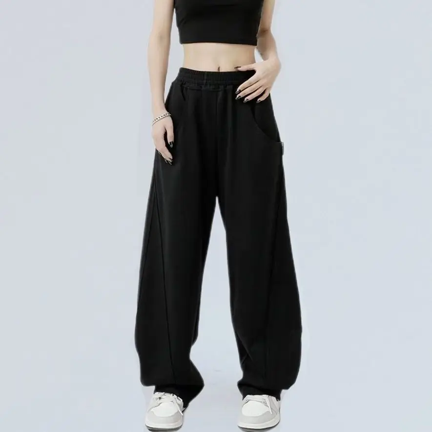 WARM-Pantalon Hip Hop à jambes larges pour femmes, taille élastique, poches solides, vêtements de rue épissés, mode décontractée, toutes saisons