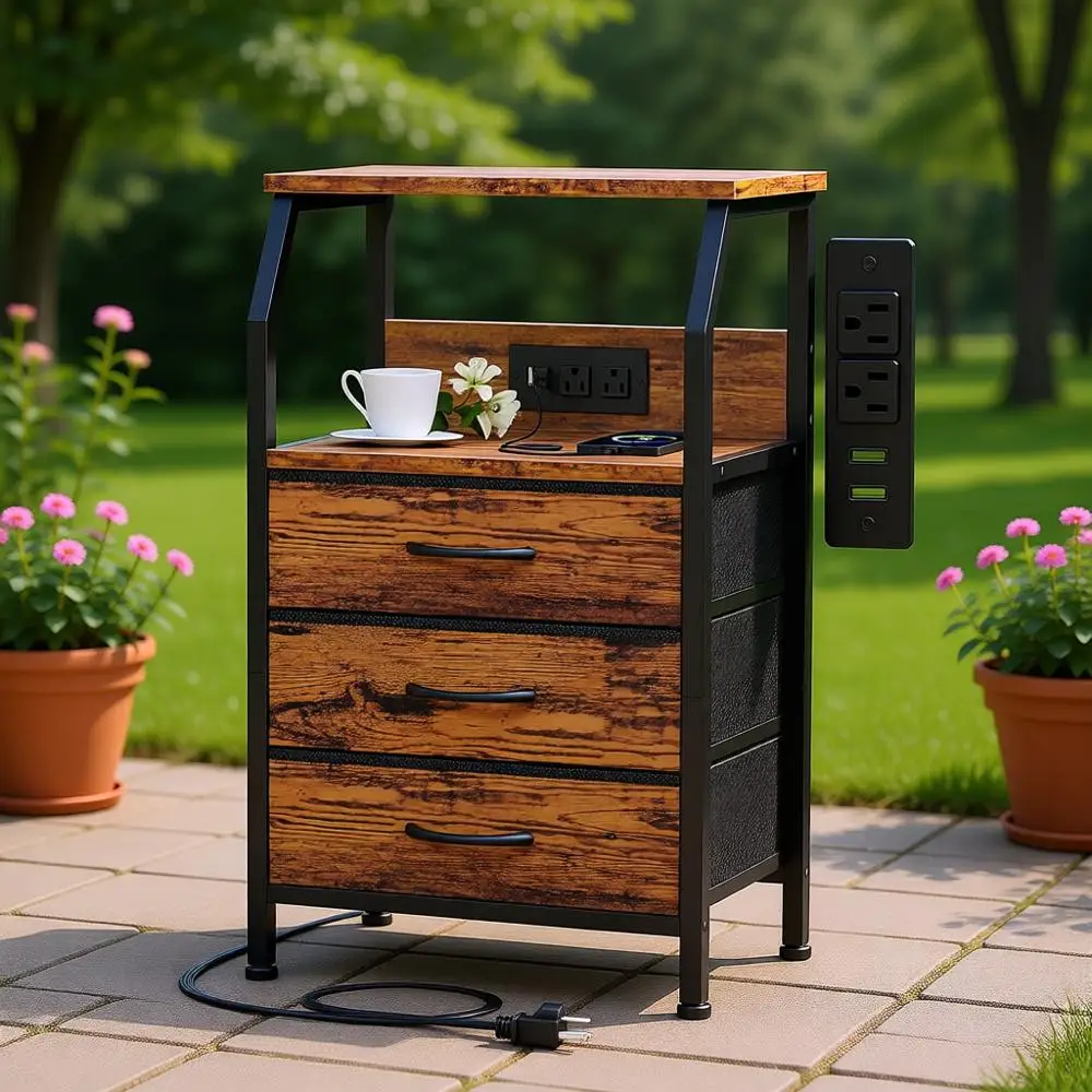 

Прикроватная тумба 28.3 в деревенском стиле, коричневая, с USB-портами и розетками, многофункциональный деревянный столик для спальни