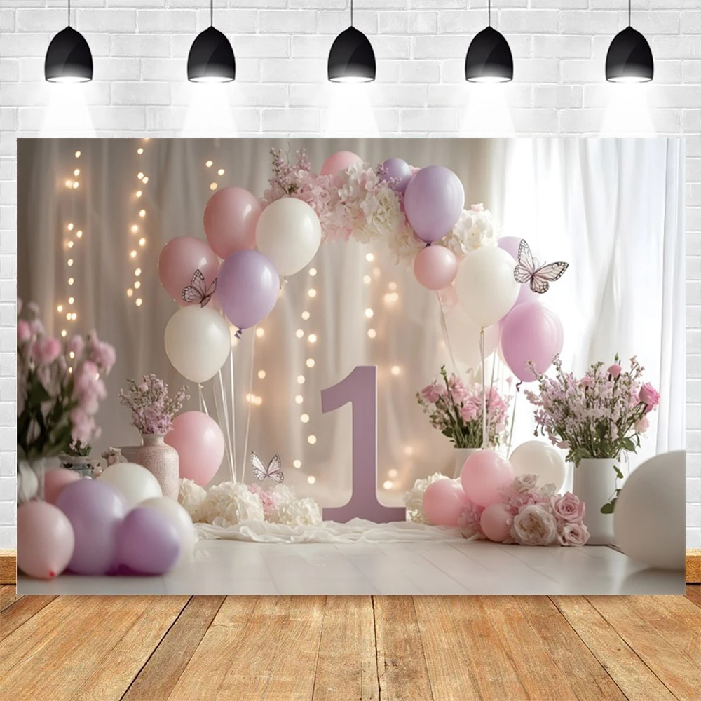 1st Birthday Photography Backdrop for Baby Girl Pink Gold Princess Theme Party Decoration Balloons Floral Photo Booth Background