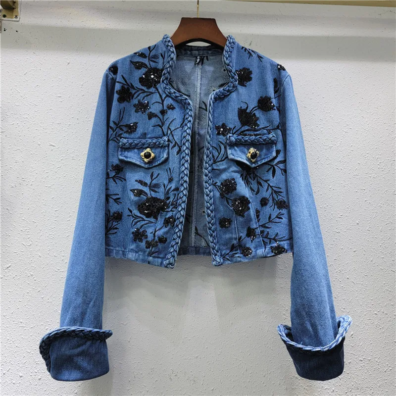 

Heavy Work Embroidery Sequins Flowers Blue Short Denim Cardigan Jacket Autumn Women Stand Collar Long Sleeve Jeans Jacket Coat